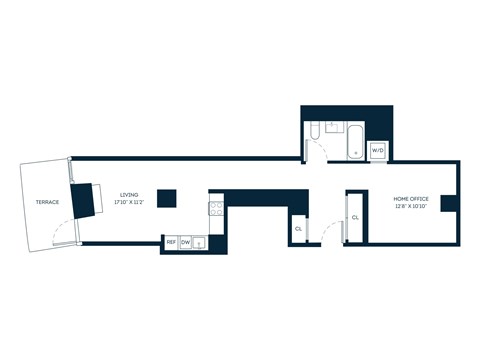 Floor plan for studio, 1 bath, 637 sqft